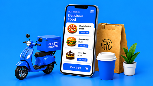 Restaurant app on a phone with a food delivery bag
