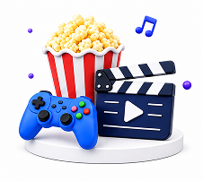 Popcorn, film reel and gamepad illustration